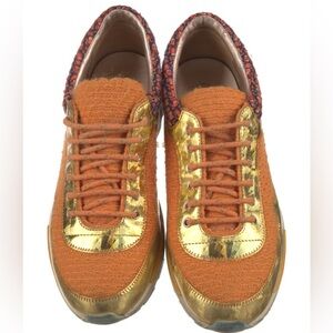 Chanel metallic gold orange tweed sneakers